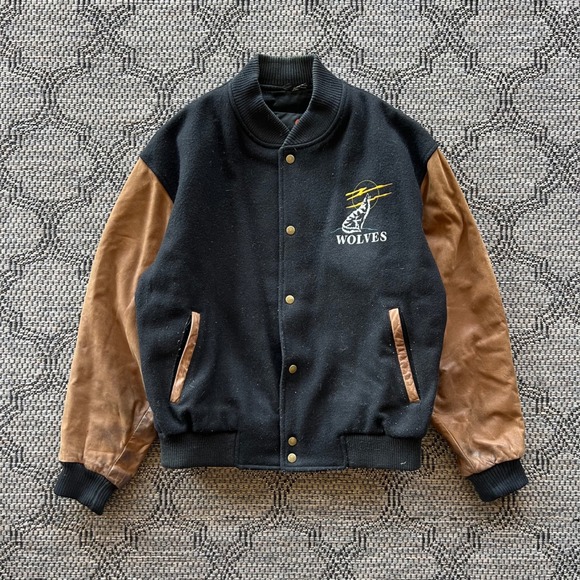 Treeline Outfitters Other - Vintage Varsity Jacket Mens Medium Black Tan Suede Wool Wolf Nature Outdoors